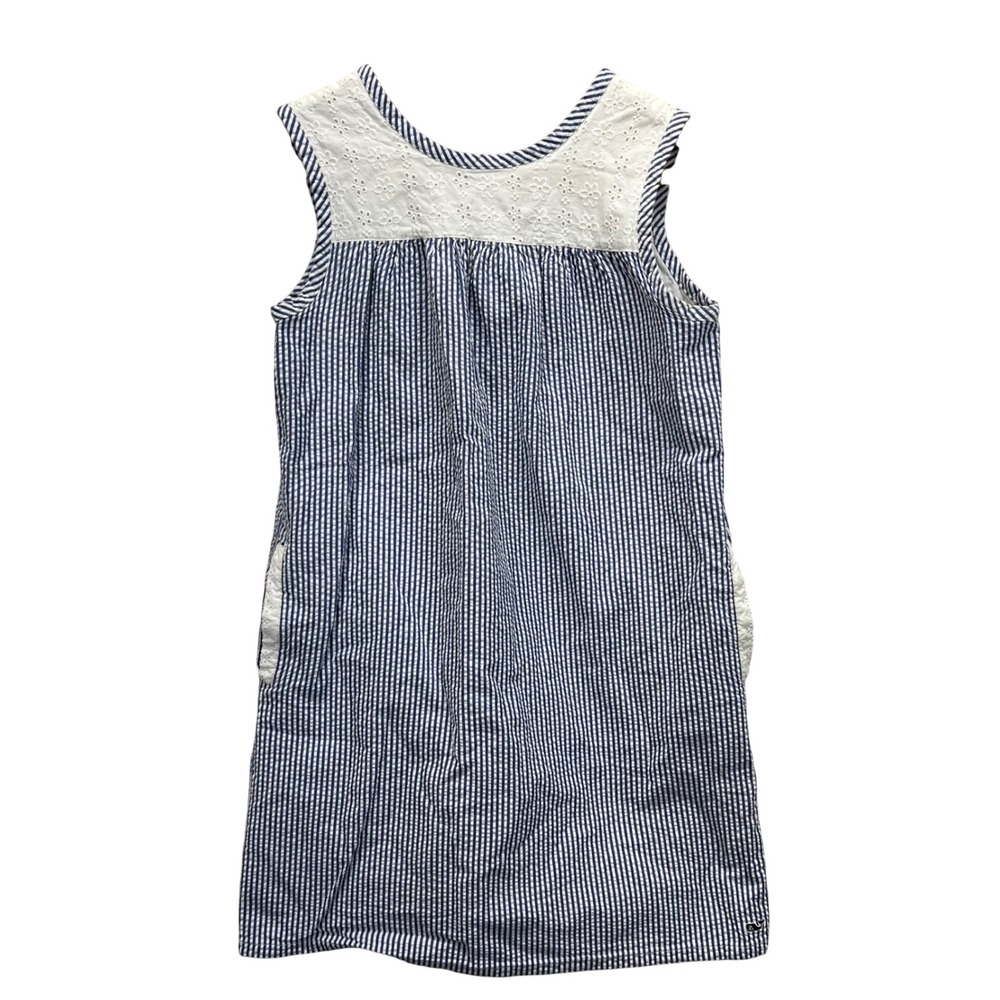 Vineyard Vines Girls Blue Stripe Seersucker Eyelet Dress Size 14 Pockets Cotton